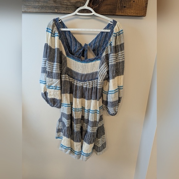 Free People All Lined Up Blue Multi Striped Puff Sleeve Mini Dress - Picture 2 of 7